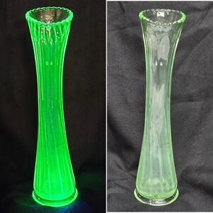 Depression Uranium Glass Optic Panel Trumpet Swung Vase Starburst Glows Green